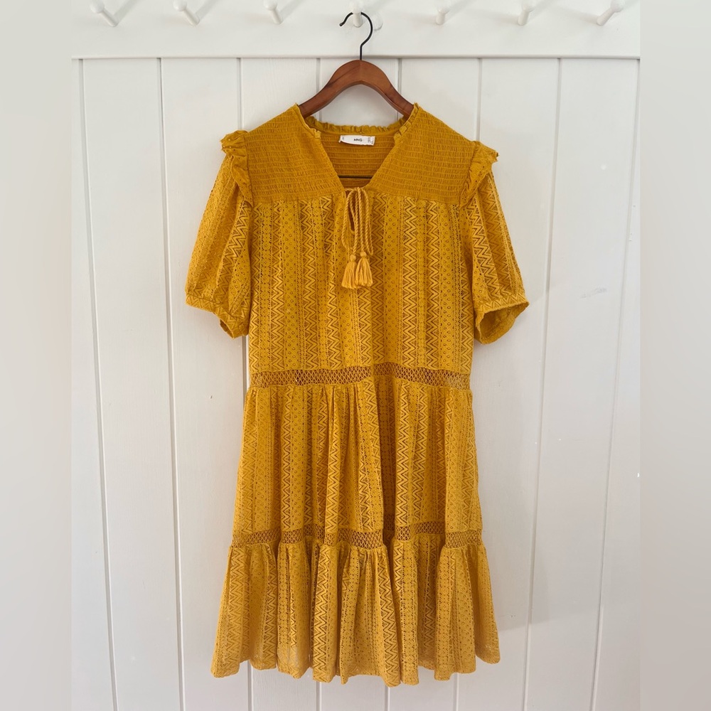Mango Day Dress Mustard Yellow Lace Smocked BohemianTiered Ruffle Trim Dress